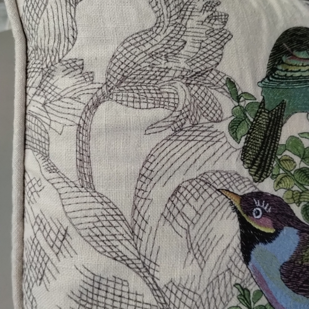 Embroidered Birds & Floral Accent Pillow Cream Cottagecore Shabby Chic Nature - Picture 6 of 10